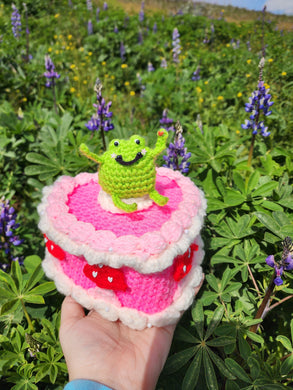 Hot Pink Faux Cake with Mushrooms and a Frog
